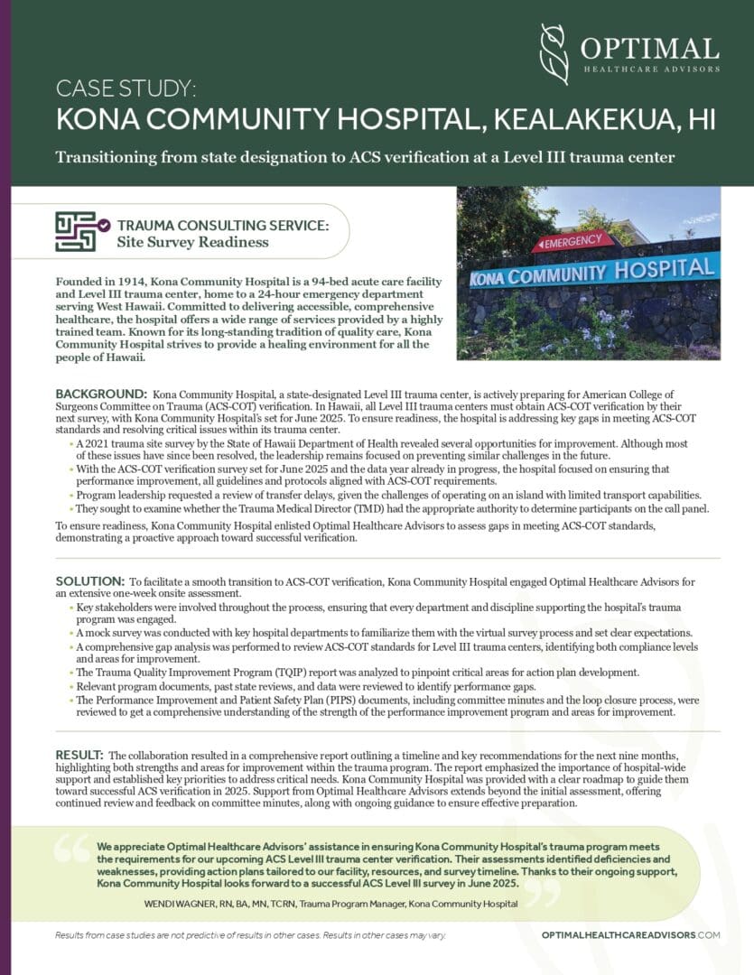 Kona Community Hospital Case Study Trauma Center Site Survey Readiness Consulting Services