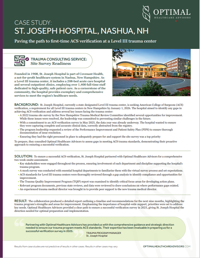 St. Joseph Hospital Case Study Trauma Center Site Survey Readiness Consulting Services